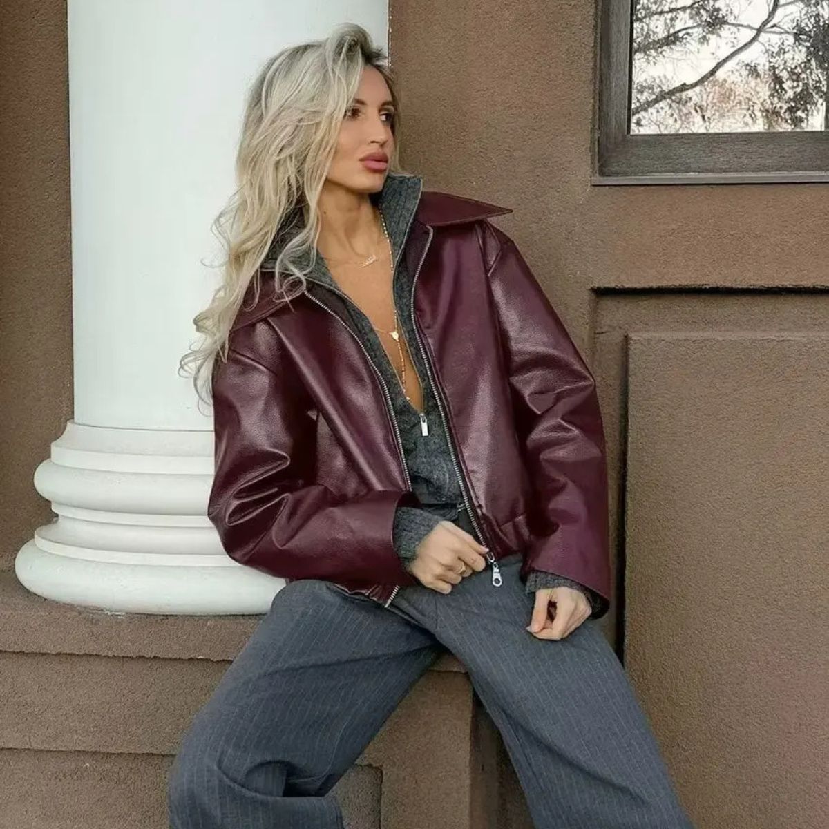 Faux Leather Zip Up Jacket with Elastic