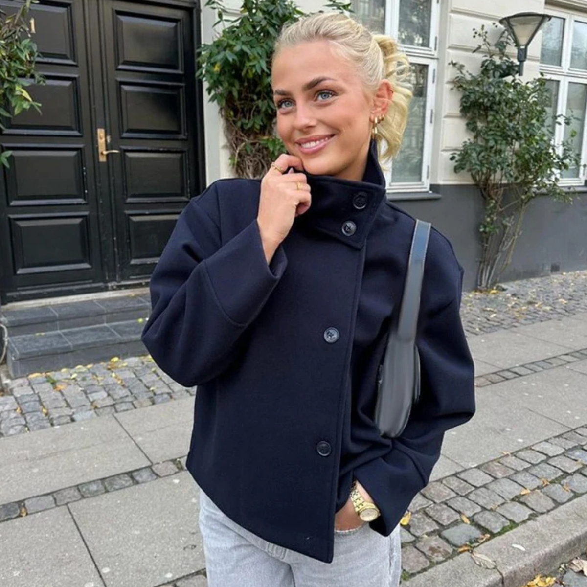 High Neck Short Coat – Stylish Button Up Jacket