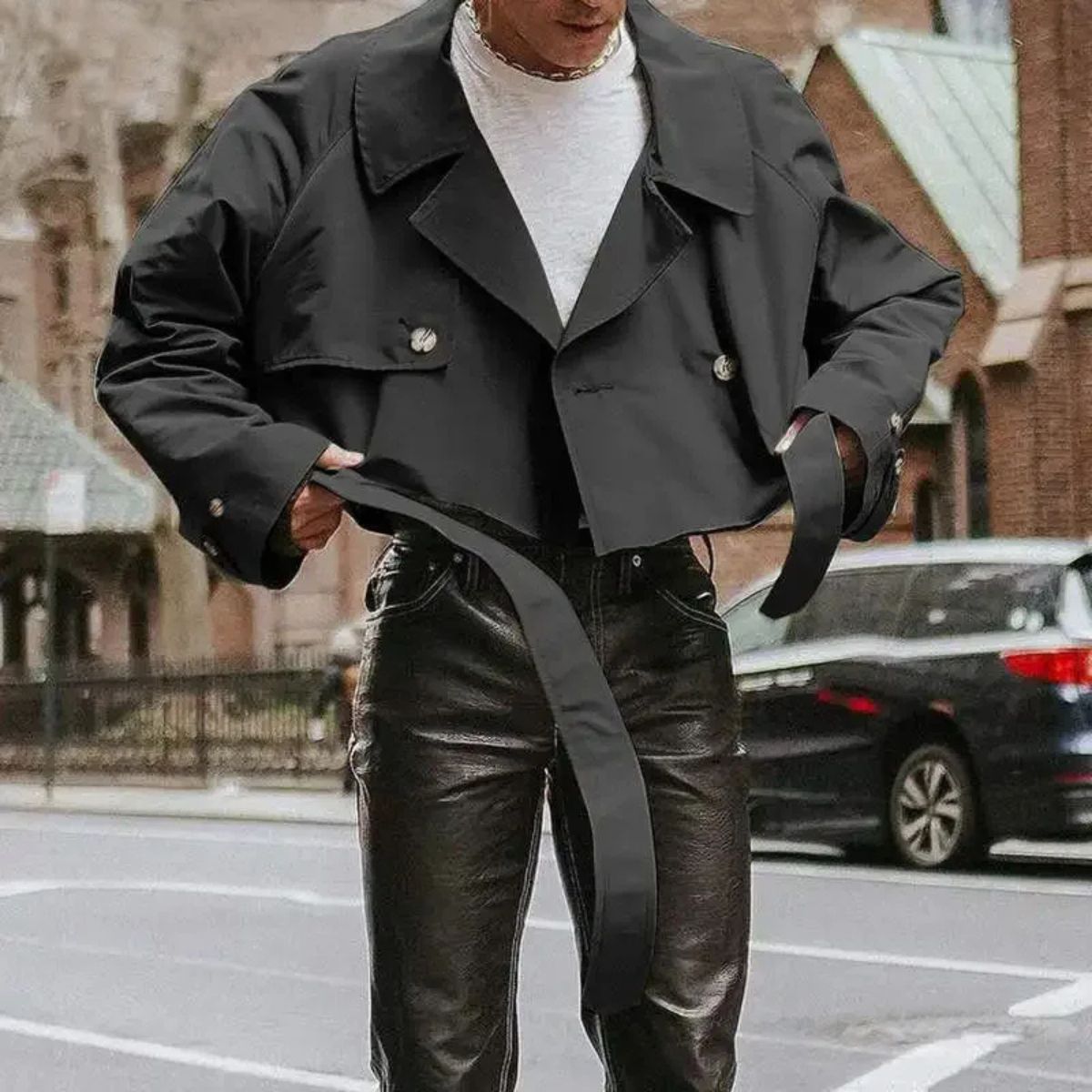 Cropped Trench Coat – Casual Streetwear Belted Coat for Men