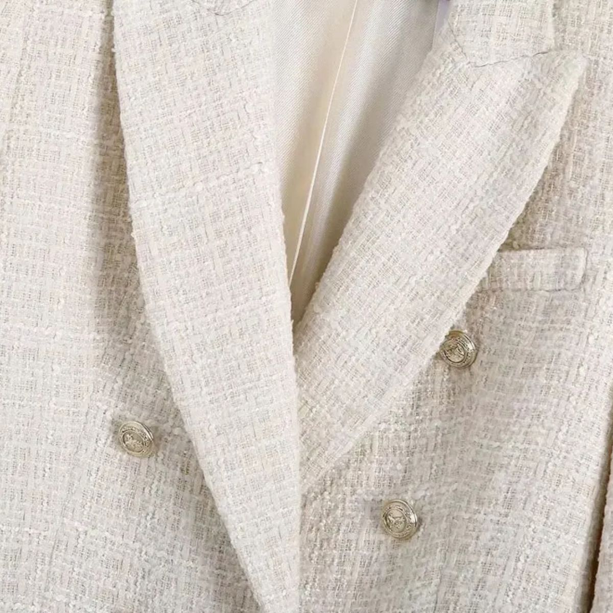 Double Breasted Tweed Blazer – Elegant Cream Jacket