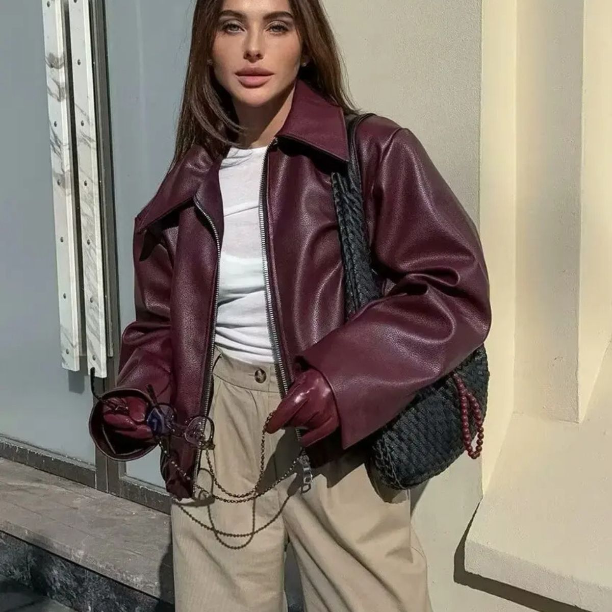 Faux Leather Zip Up Jacket with Elastic