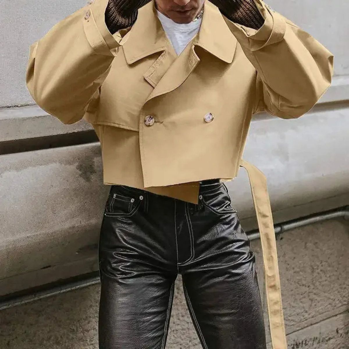Cropped Trench Coat – Casual Streetwear Belted Coat for Men