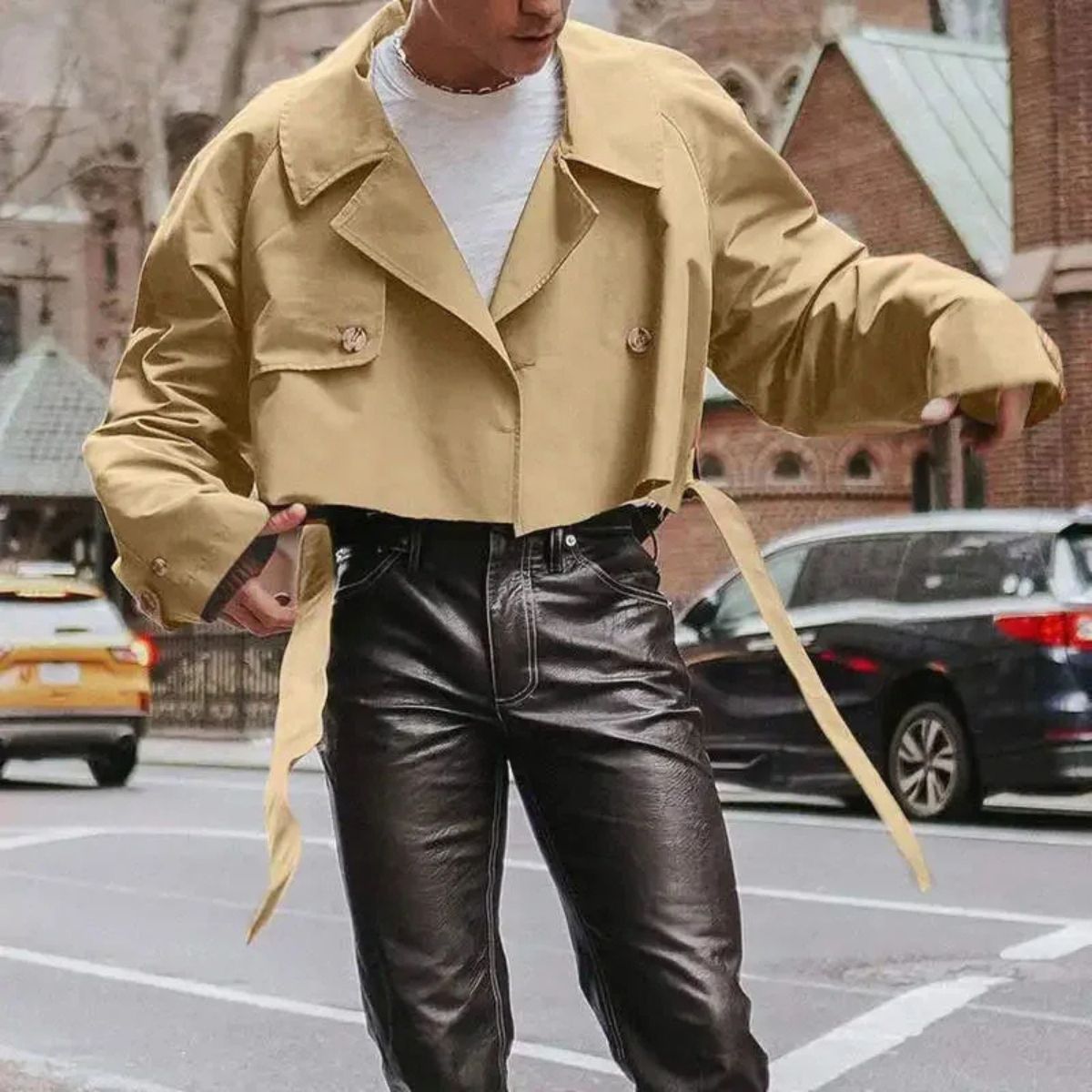 Cropped Trench Coat – Casual Streetwear Belted Coat for Men