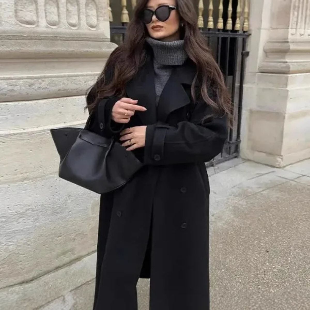 Long Wool Blend Trench Coat – Double Breasted Winter Overcoat with Belt