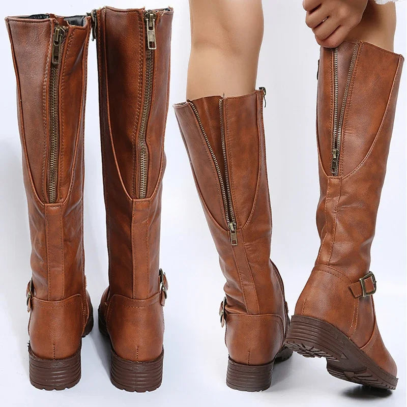 Elegant  Knee High Boots – Flat Riding Boots with Buckle Detail