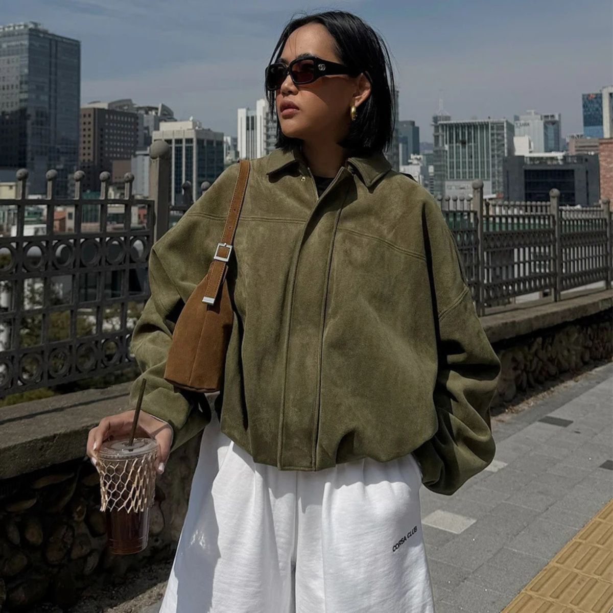 Suede Cropped Bomber Jacket – Oversized Zip-Up Coat