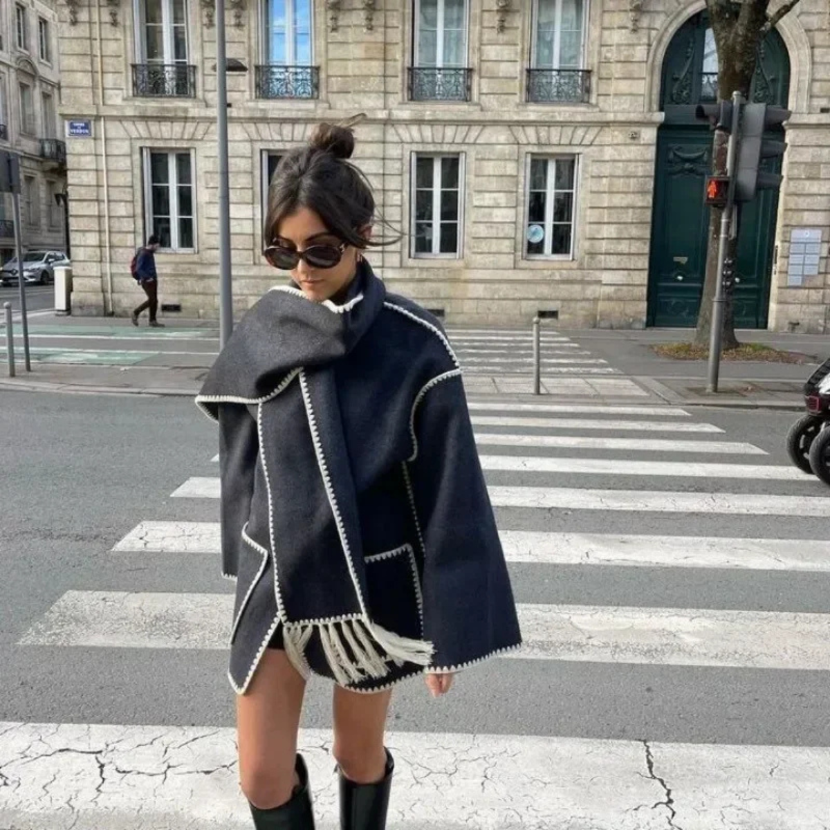 Elegant Wool Blend Coat with Scarf – Winter Jacket