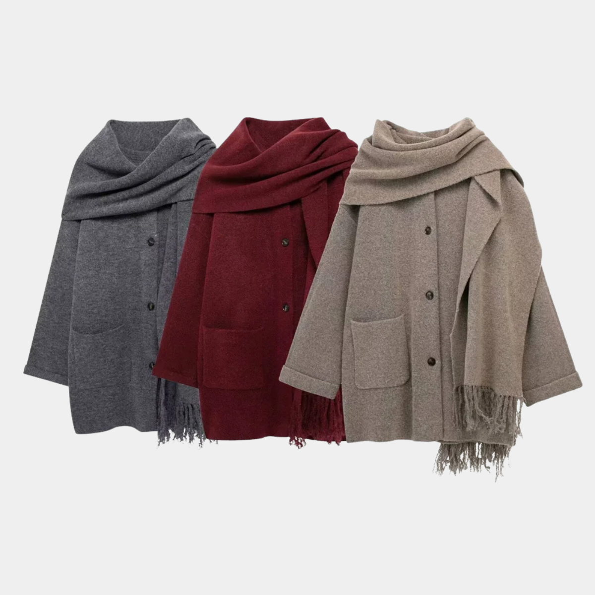 Winter Wool Blend Coat with Scarf – Warm Elegant Overcoat