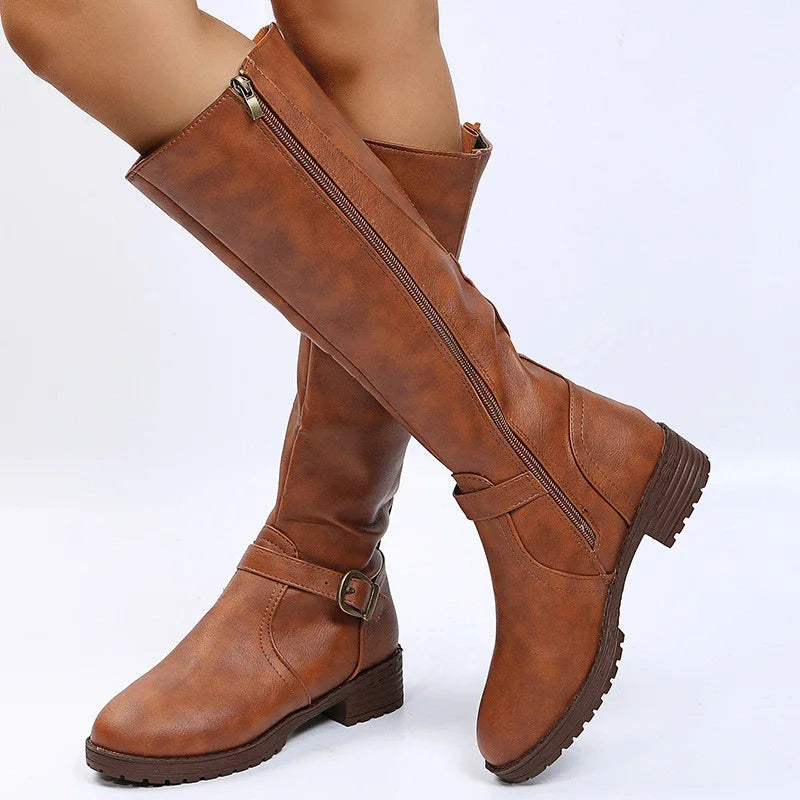 Elegant  Knee High Boots – Flat Riding Boots with Buckle Detail