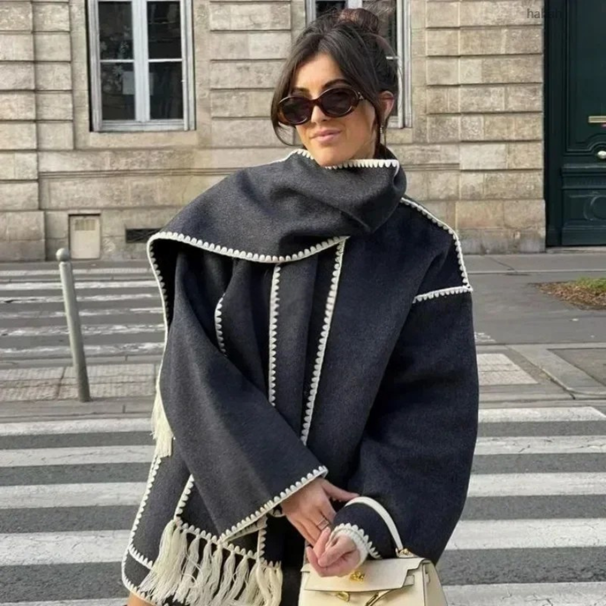 Elegant Wool Blend Coat with Scarf – Winter Jacket