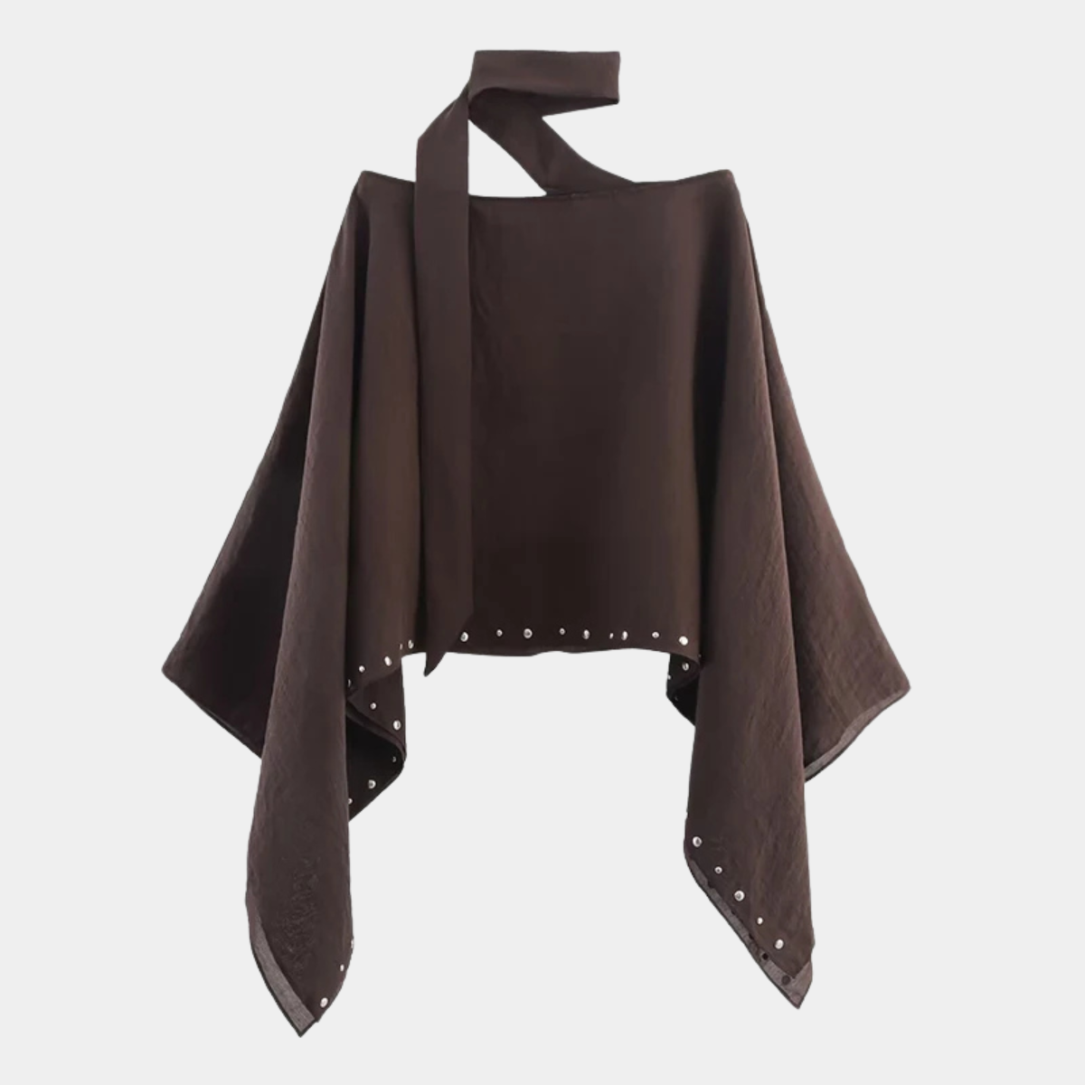 Asymmetric Poncho Top – Off Shoulder Cape Blouse with Tie Neck