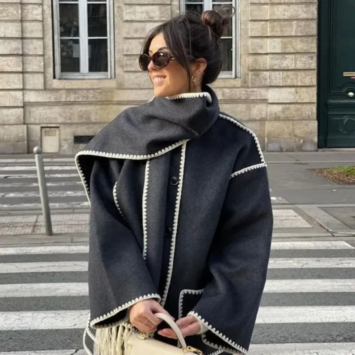 Elegant Wool Blend Coat with Scarf – Winter Jacket