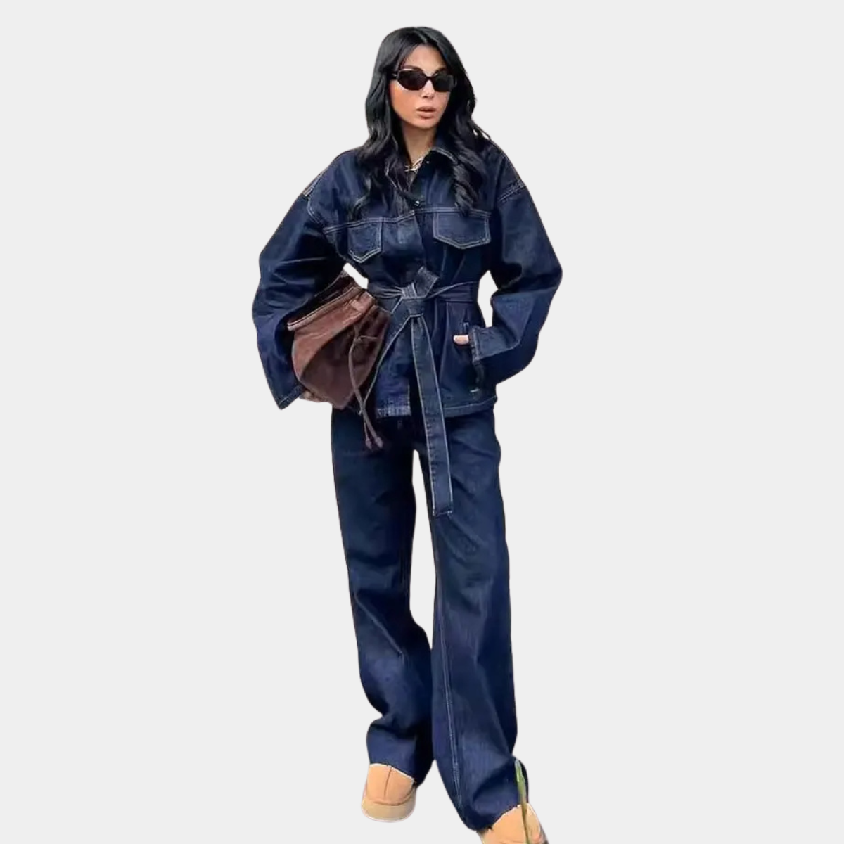 Denim Co ord Set – Belted Denim Jacket and Wide Leg Jeans