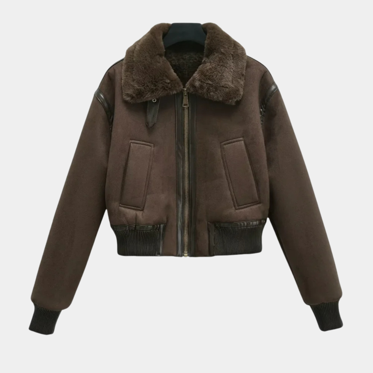 Brown Shearling Jacket – Faux Leather Bomber Coat with Fur Collar