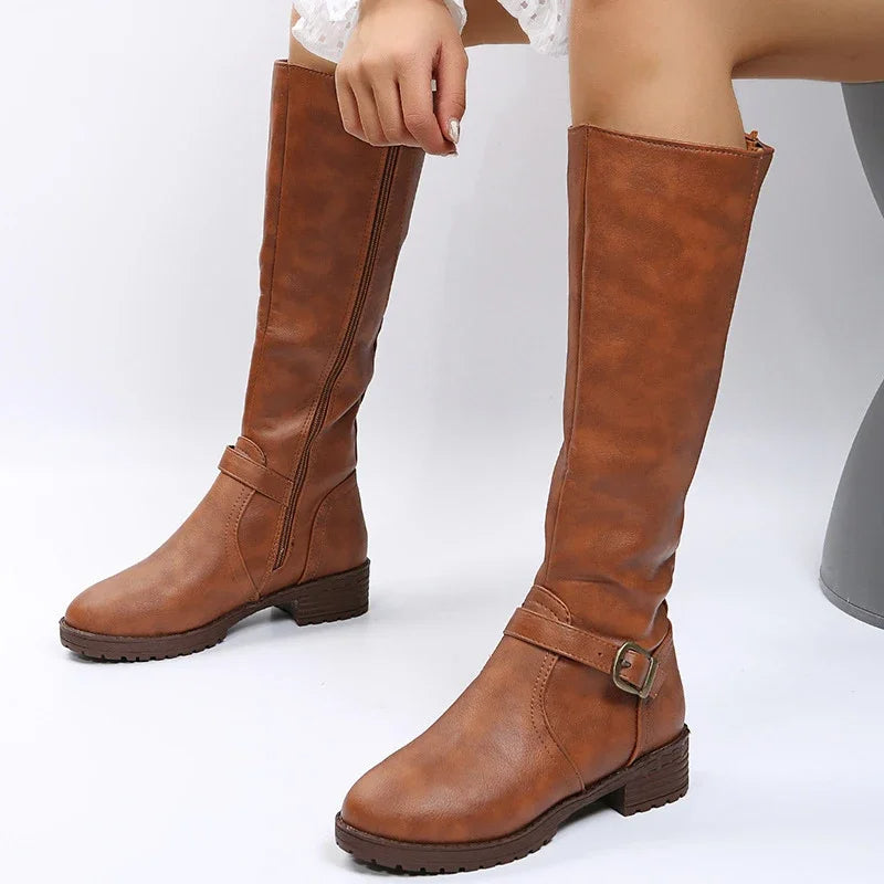 Elegant  Knee High Boots – Flat Riding Boots with Buckle Detail