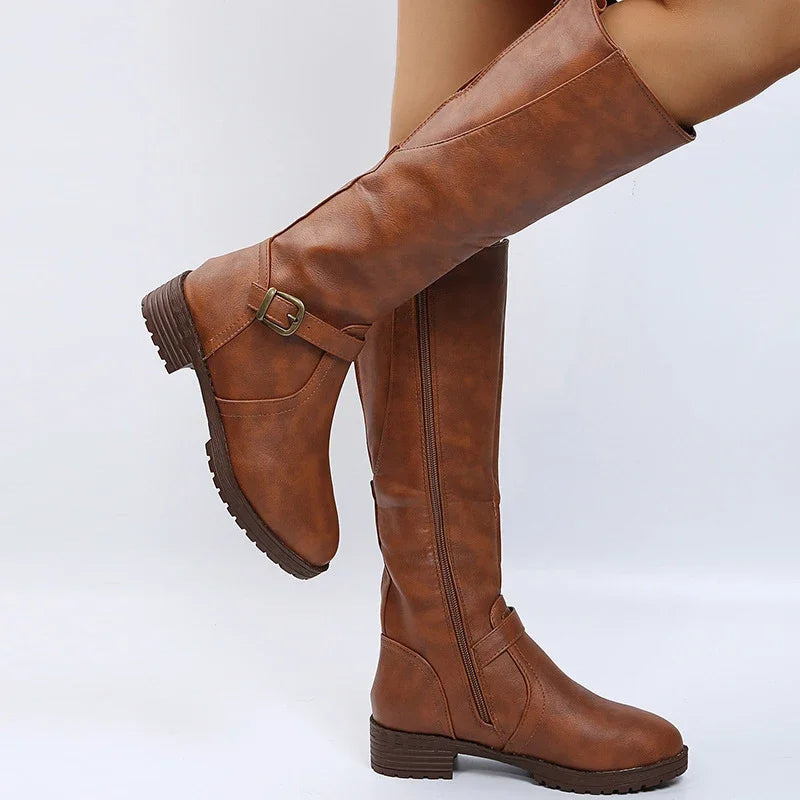 Elegant  Knee High Boots – Flat Riding Boots with Buckle Detail
