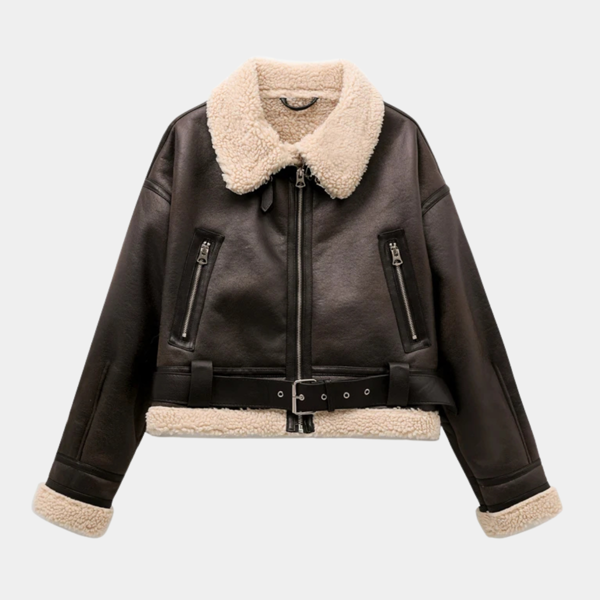 Cropped  Shearling Jacket – Faux Leather Winter Coat
