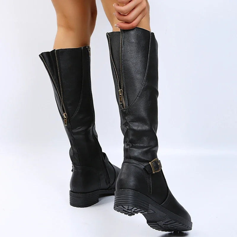 Elegant  Knee High Boots – Flat Riding Boots with Buckle Detail
