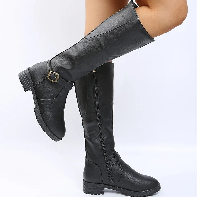 Elegant  Knee High Boots – Flat Riding Boots with Buckle Detail