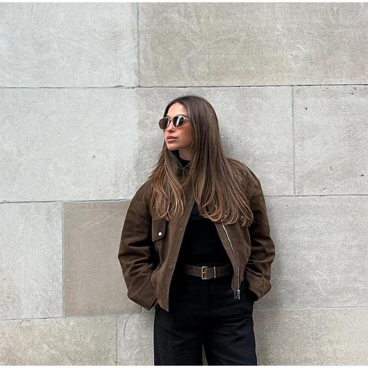 Suede Jacket with Pockets and Zipper and Button Closure