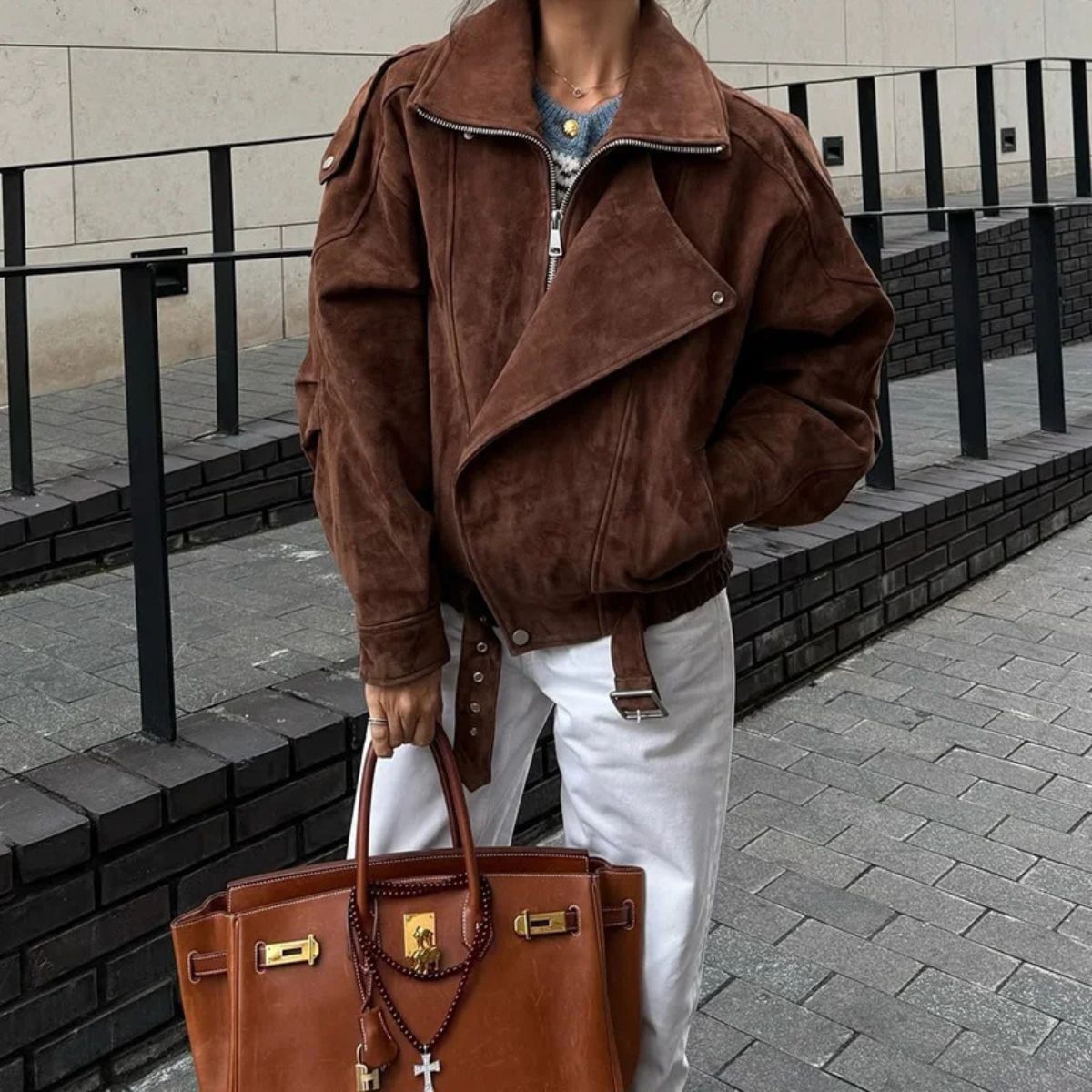 Oversized Brown Suede Biker Jacket with Belt and Zip Detail for Women