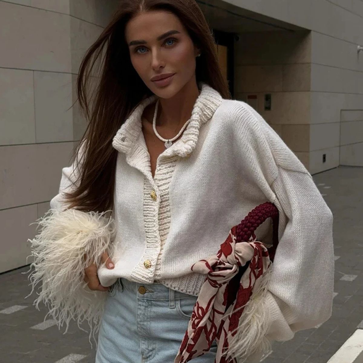 Feather Cuff Knit Cardigan – Elegant Button-Up Winter Look