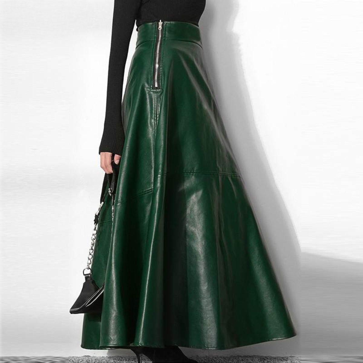 High Waist Leather Maxi Skirt – A-Line Flared Skirt
