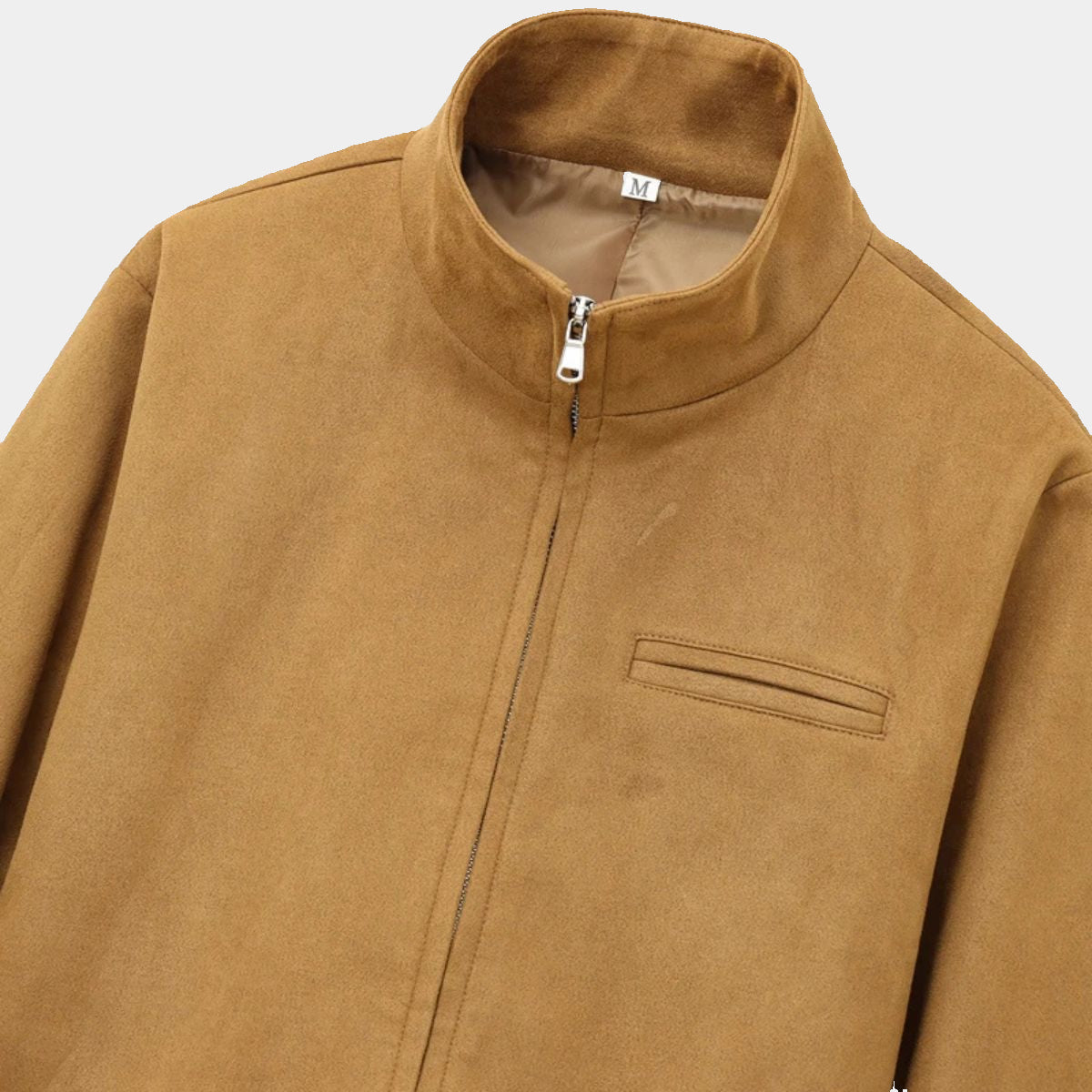Casual Camel Suede Bomber Jacket with Zipper and Pockets for Women