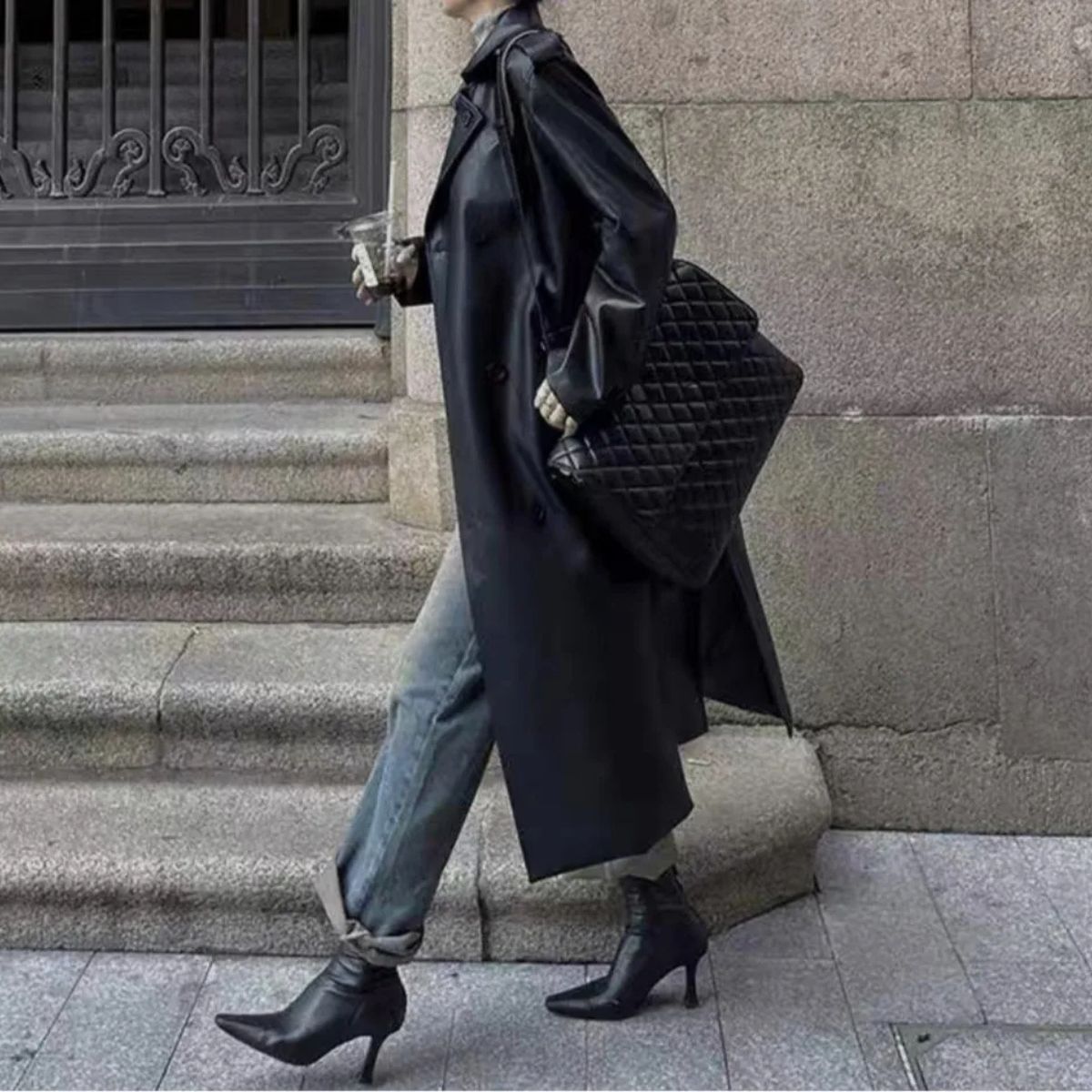 Faux Leather Trench Coat – Double Breasted Long Jacket