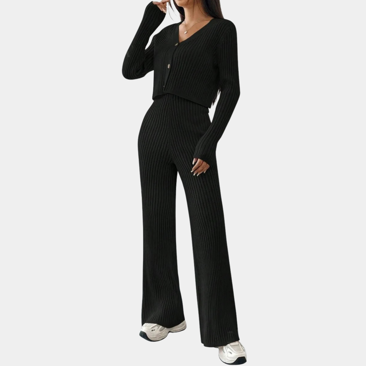 Ribbed Knitted Co Ord for Women – Top & Wide Leg Pants