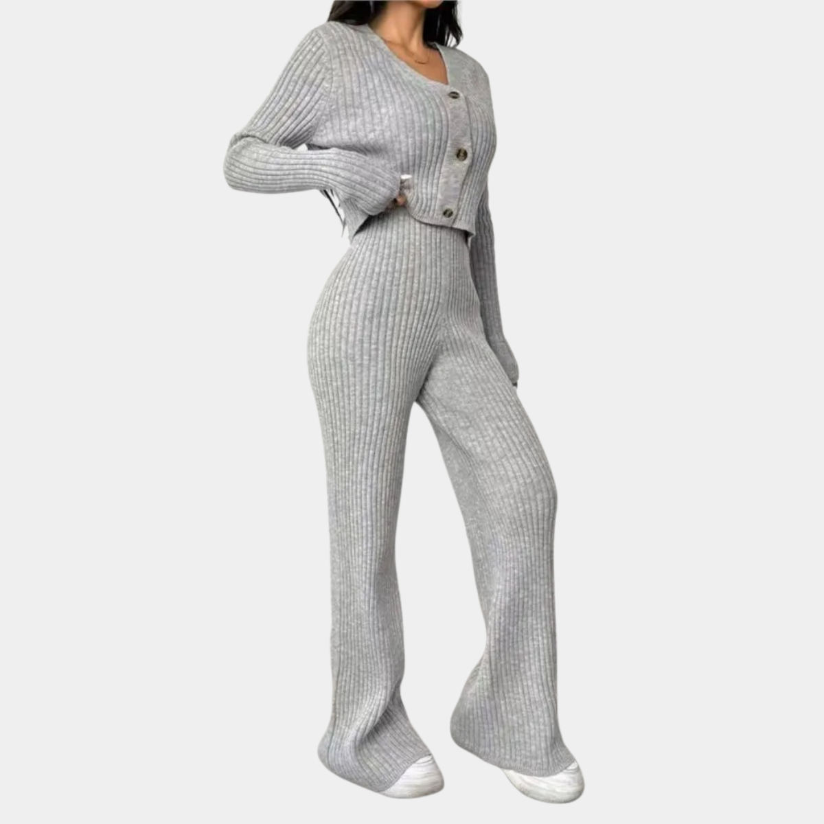 Ribbed Knitted Co Ord for Women – Top & Wide Leg Pants