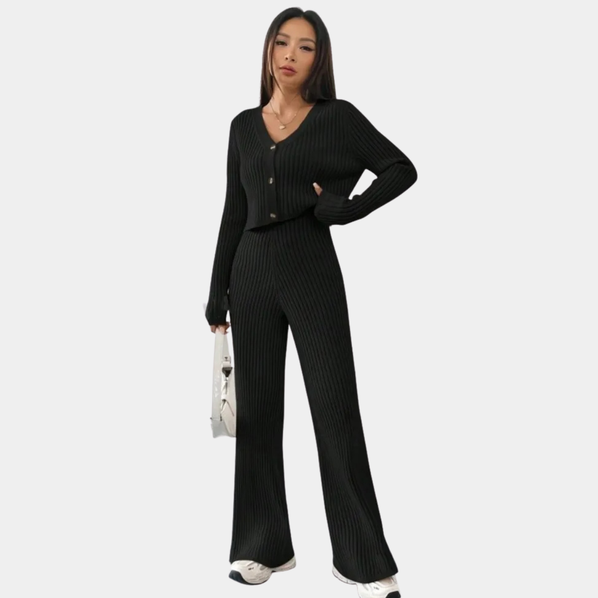 Ribbed Knitted Co Ord for Women – Top & Wide Leg Pants