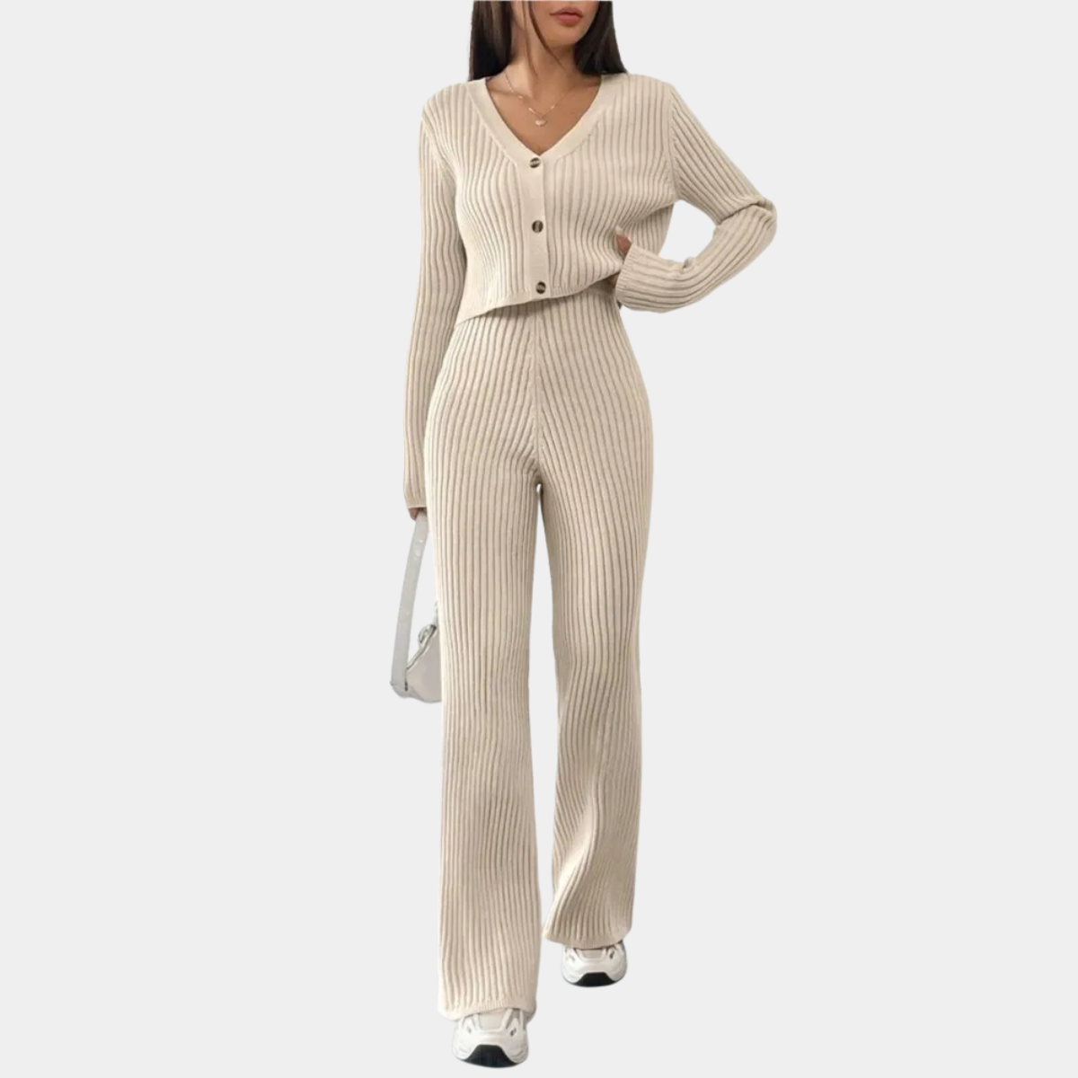 Ribbed Knitted Co Ord for Women – Top & Wide Leg Pants