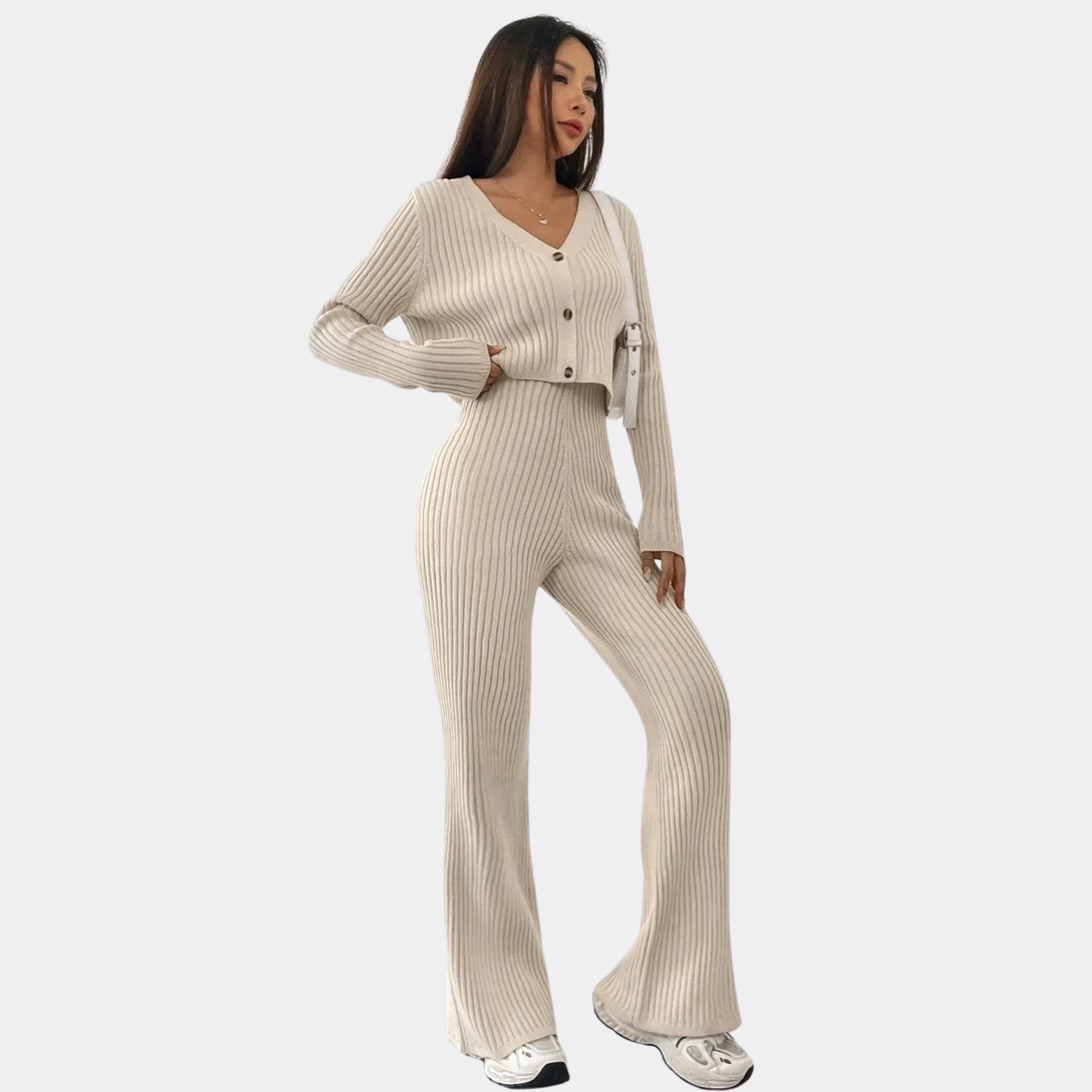 Ribbed Knitted Co Ord for Women – Top & Wide Leg Pants