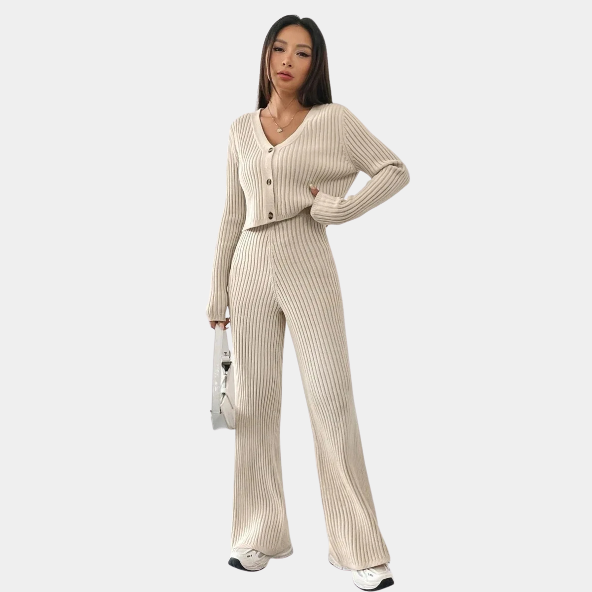 Ribbed Knitted Co Ord for Women – Top & Wide Leg Pants
