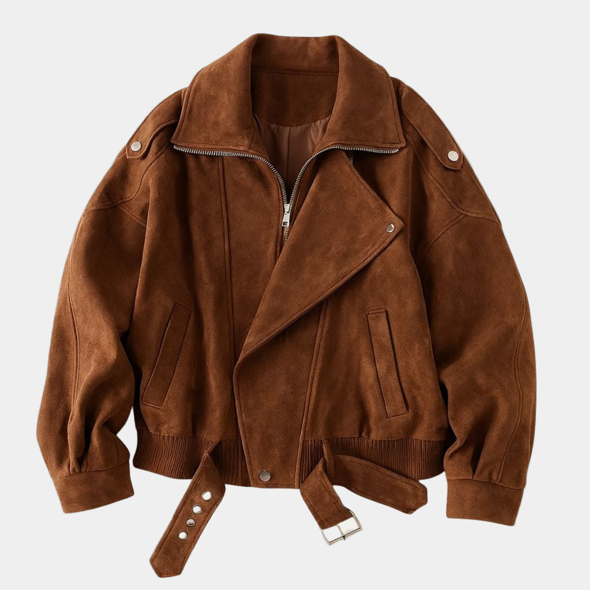 Oversized Brown Suede Biker Jacket with Belt and Zip Detail for Women