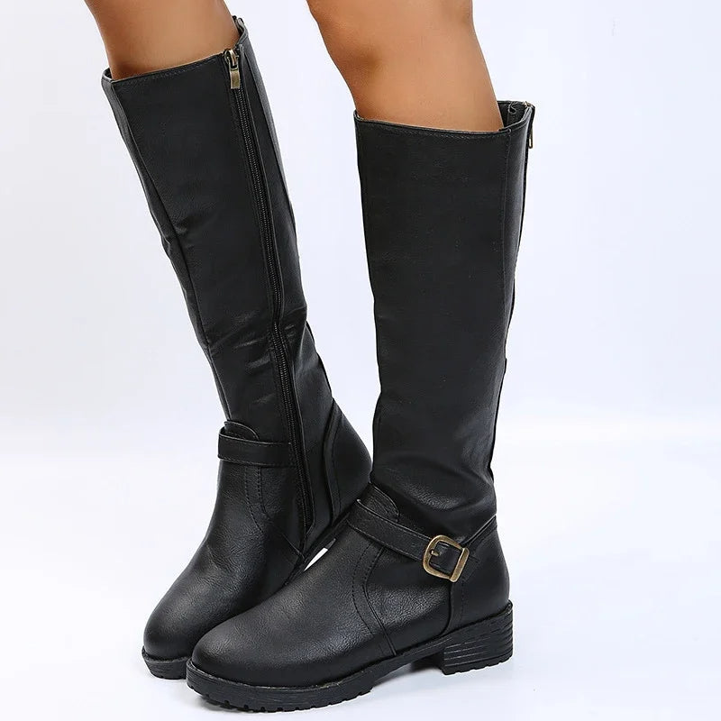 Elegant  Knee High Boots – Flat Riding Boots with Buckle Detail