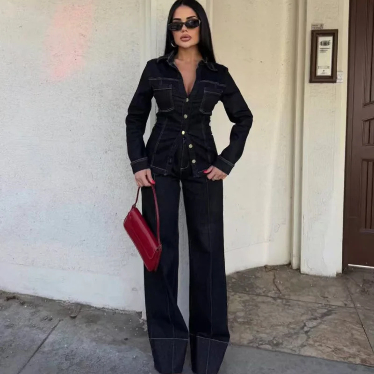 Black Denim Co Ord Set – Button Up Jacket & Wide Leg Jeans