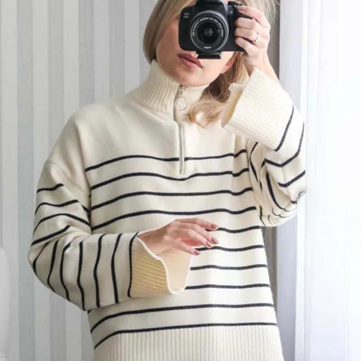 Striped Half Zip Sweater – Casual Knit Pullover Jumper