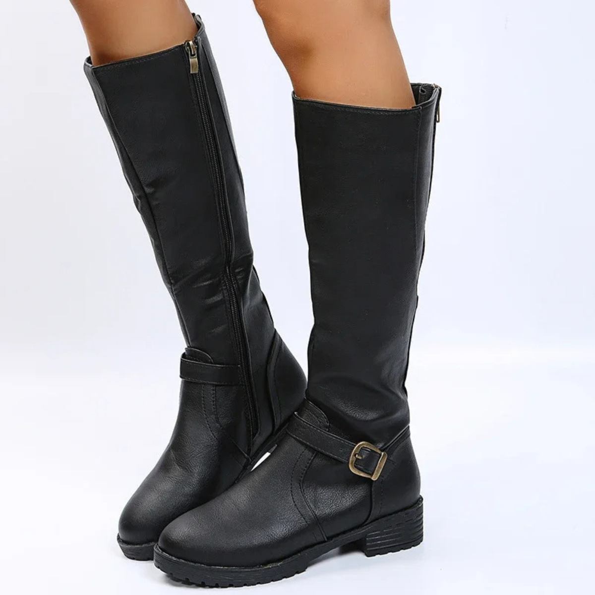 Elegant  Knee High Boots – Flat Riding Boots with Buckle Detail