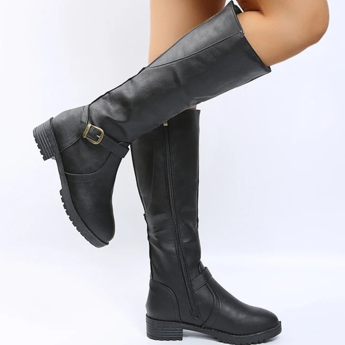 Elegant  Knee High Boots – Flat Riding Boots with Buckle Detail