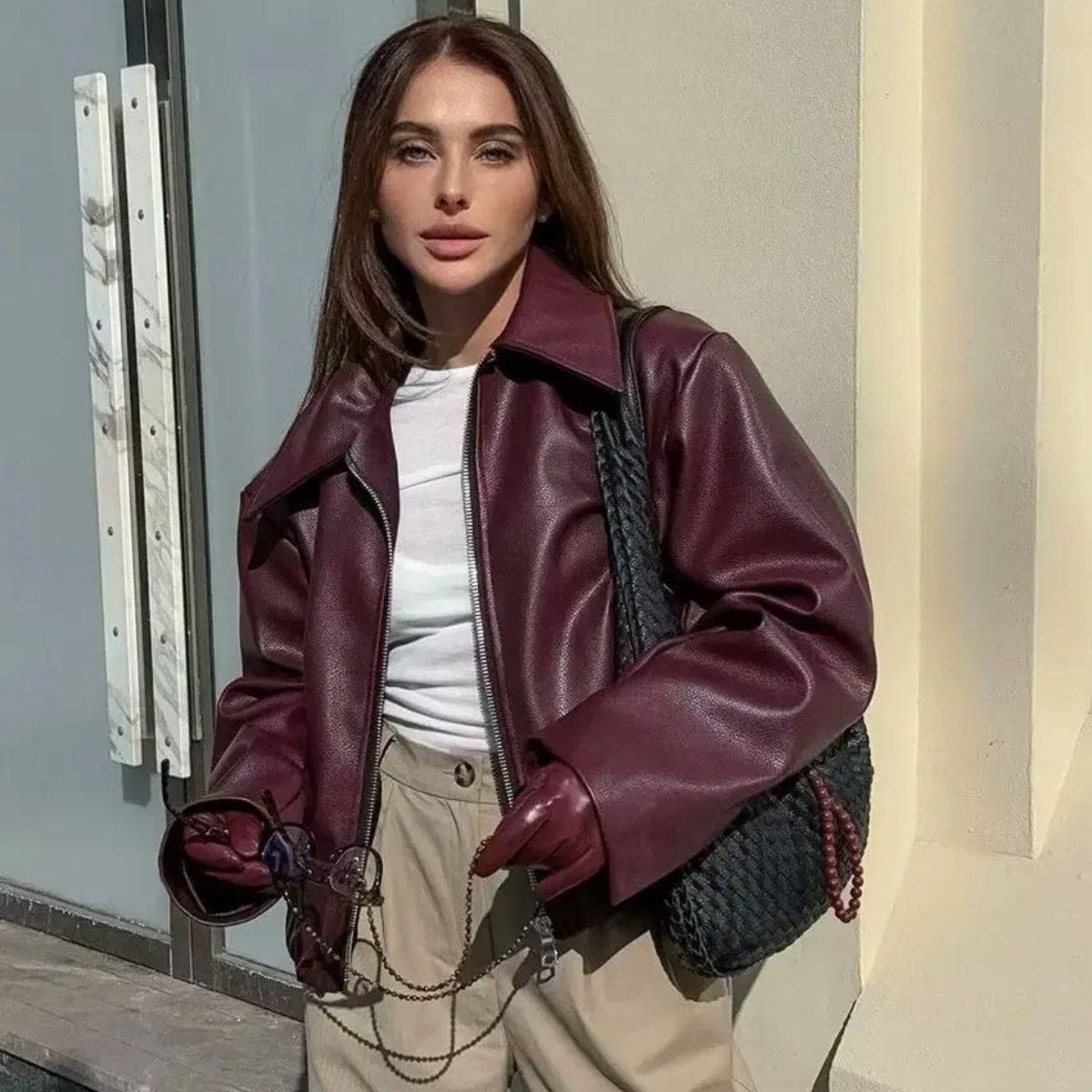 Oversized Leather Jacket – Zip-Up Bomber Style