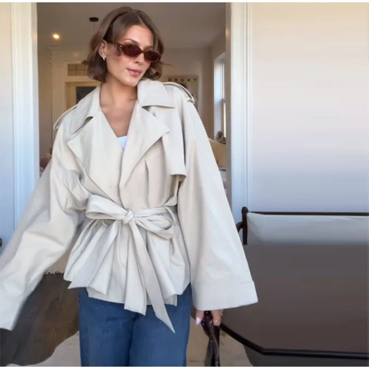 Women's Belted Trench Coat – Oversized Light Beige Waterfall Jacket