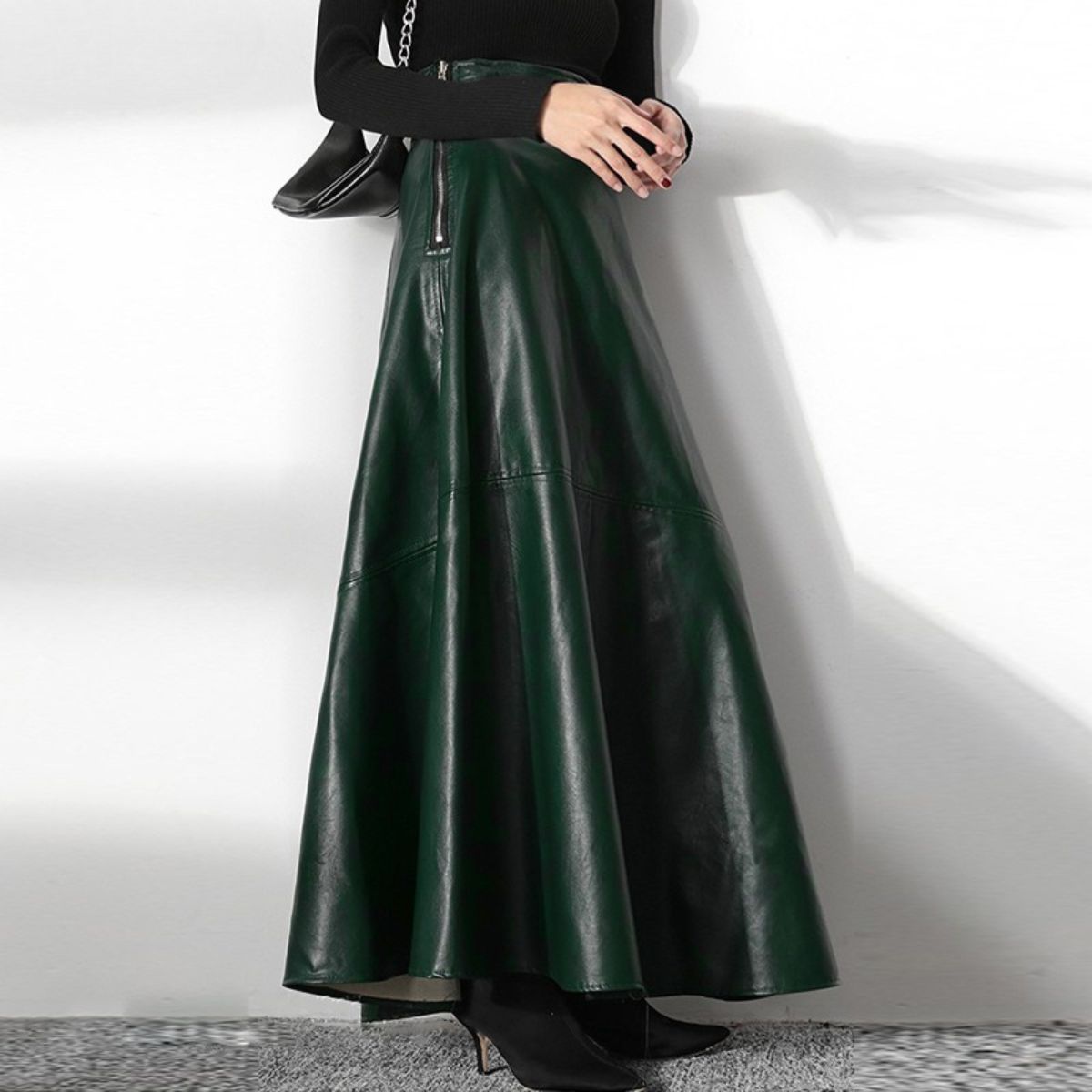 High Waist Leather Maxi Skirt – A-Line Flared Skirt