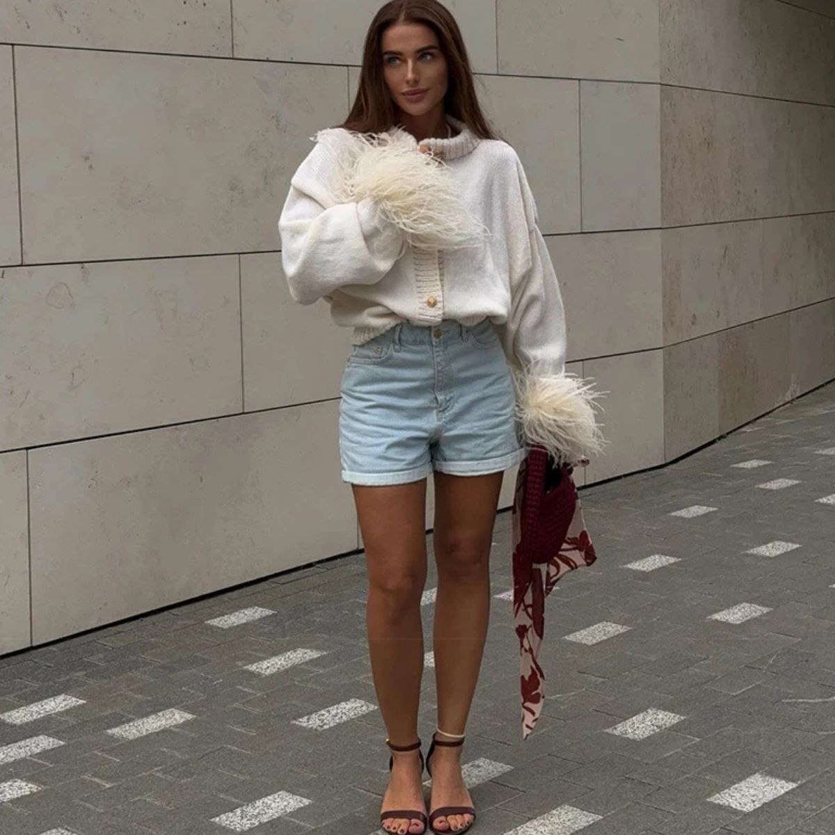 Feather Cuff Knit Cardigan – Elegant Button-Up Winter Look