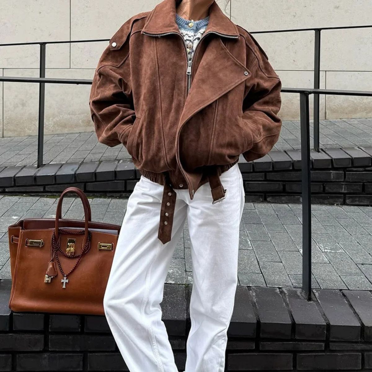 Oversized Brown Suede Biker Jacket with Belt and Zip Detail for Women