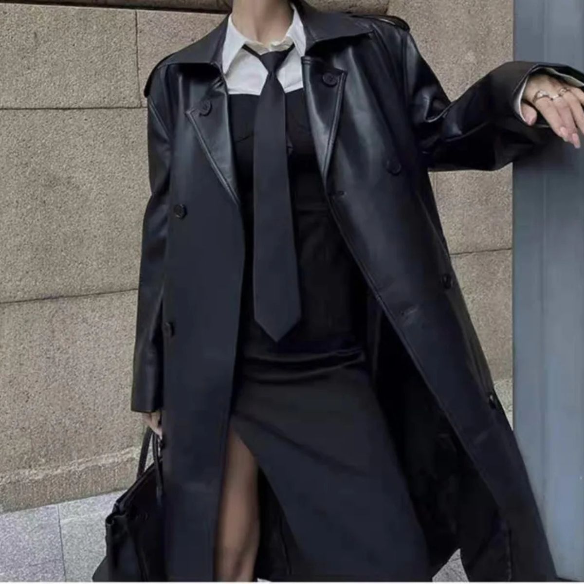 Faux Leather Trench Coat – Double Breasted Long Jacket