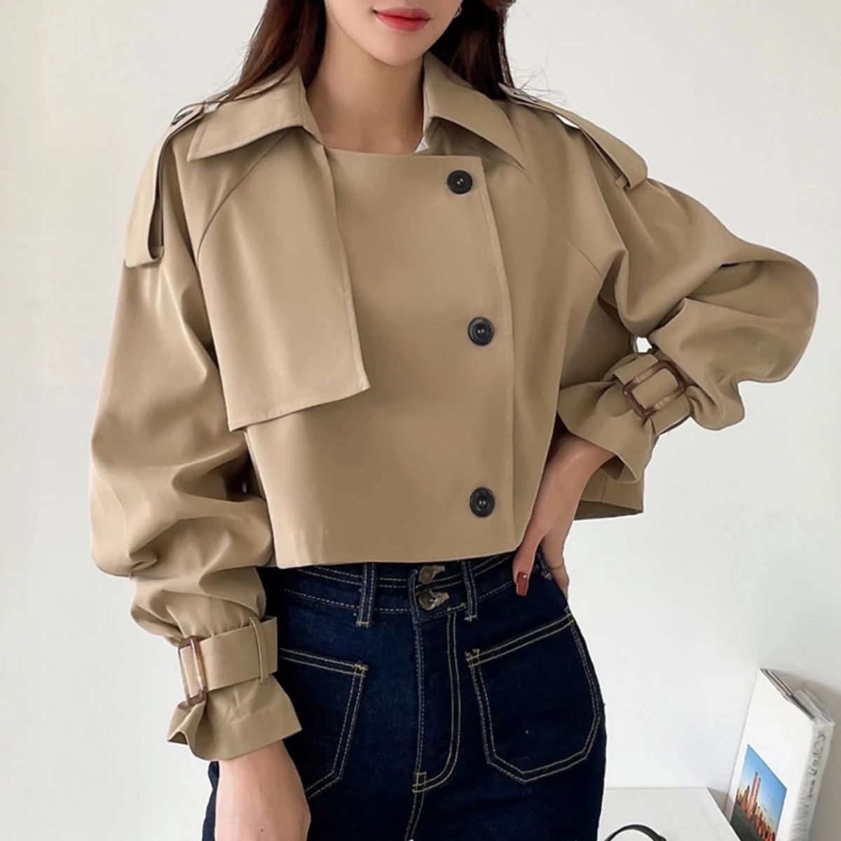 Women's Cropped Trench Coat – Short Double Breasted Jacket