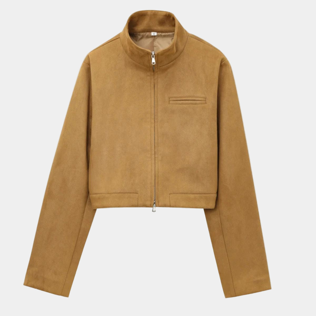 Casual Camel Suede Bomber Jacket with Zipper and Pockets for Women