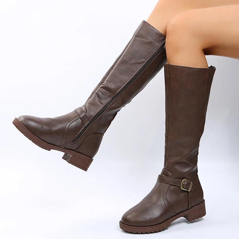 Elegant  Knee High Boots – Flat Riding Boots with Buckle Detail